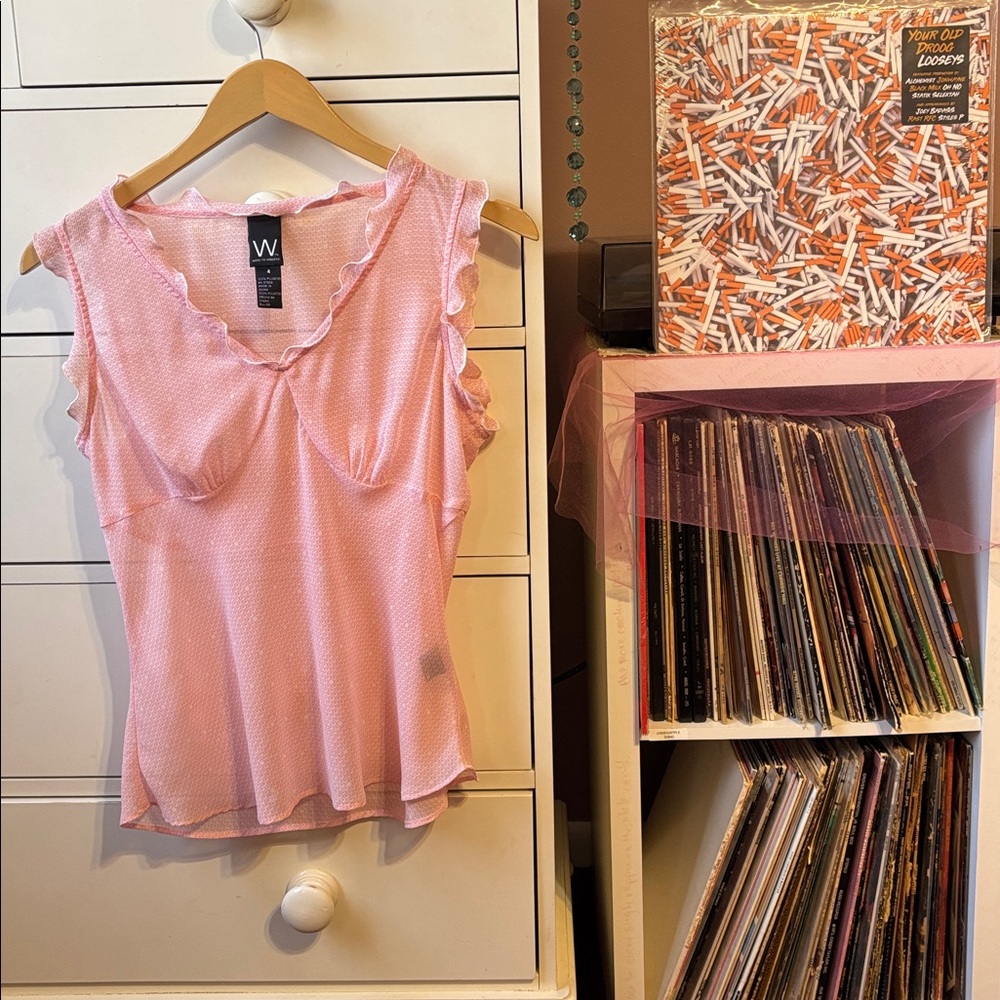 Vintage Y2K Light Pink Sleeveless Milkmaid Blouse Top Blush Sheer Sexy Cute 90’s